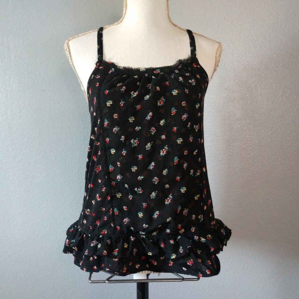 🖤Myth NYC Womens Medium Black Floral Tank Top Ruffle Gothic Strappy Fringe